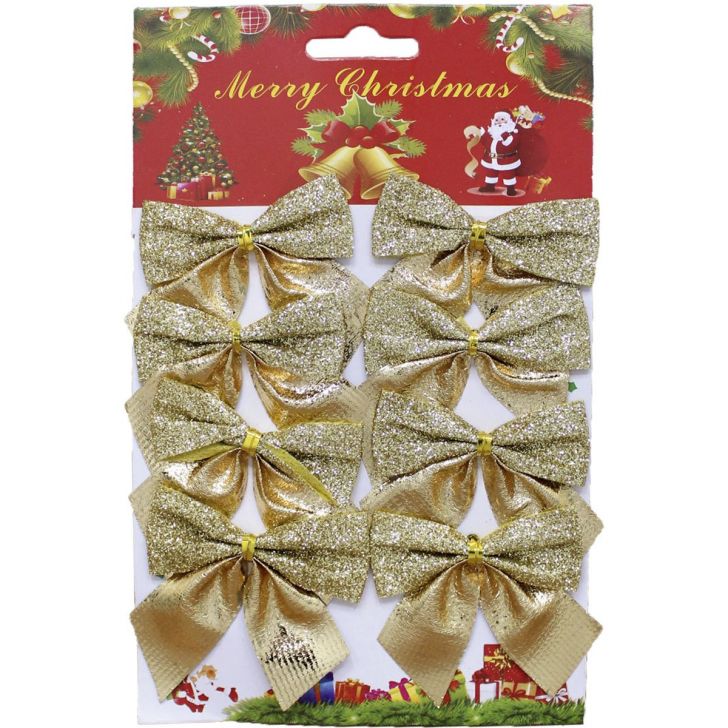 Kit 48 Enfeite Árvore Natal Laço Lacinho Gliter Dourado 6cm