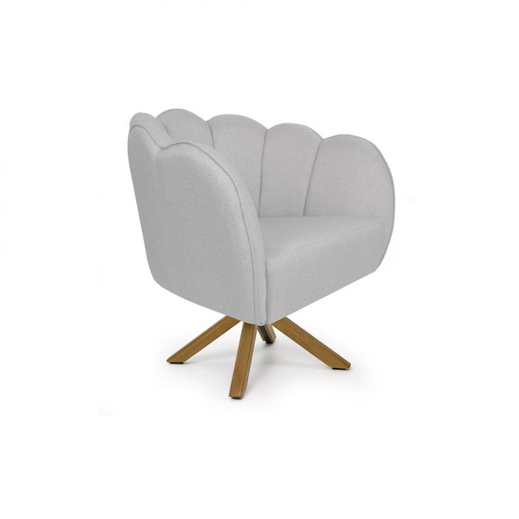 Poltrona Ariel Giratória Linho Creme E Madeira