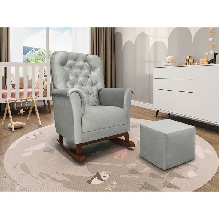 Poltrona para Amamentação Pé Canoa com Puff Agatha Veludo Cinza