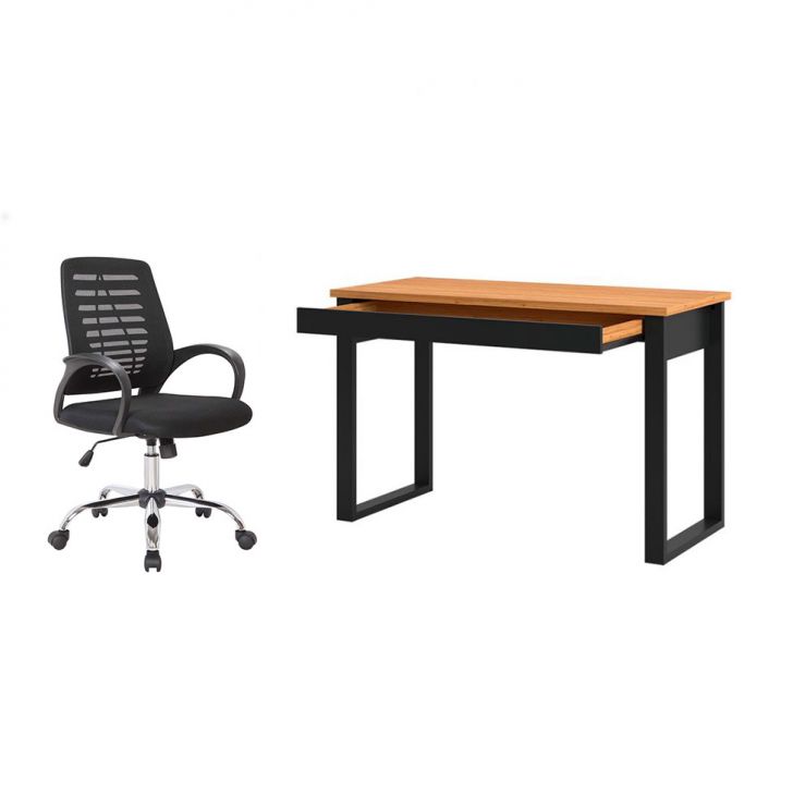 Conjunto de Mesa Anah 1 GV Freijó com Cadeira de Escritório Secretária Giratória Light Preta