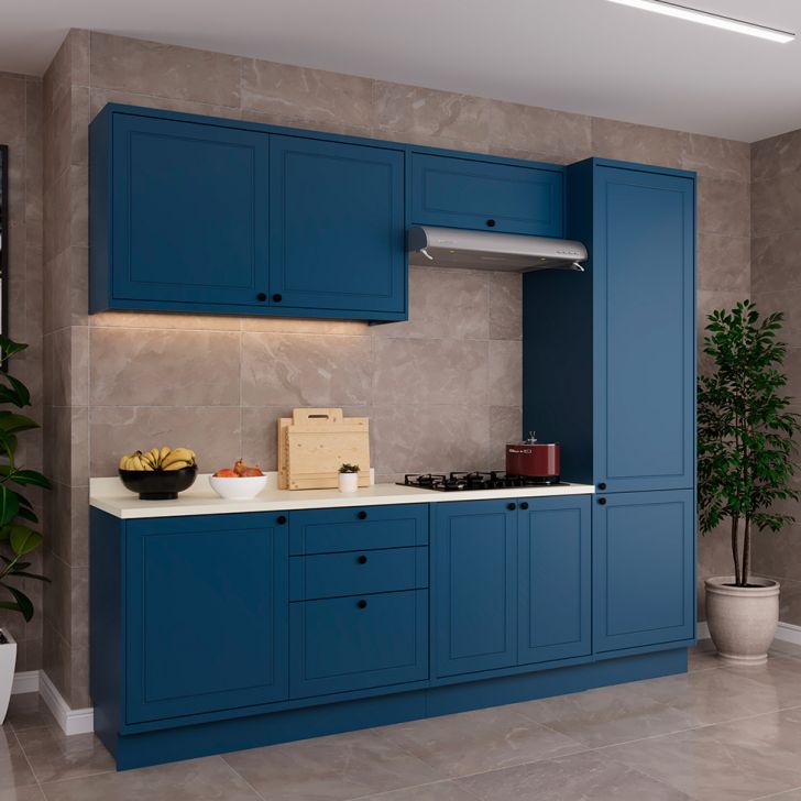 Cozinha Compacta Évora com Tampo para Cooktop 8 Portas 3 Gavetas Azul Órion