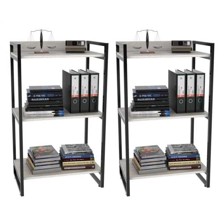 Kit 2 Estantes Livreiro Multiuso Prisma Estilo Industrial 60cm 3 Prateleiras C08 Snow - Mpozenato