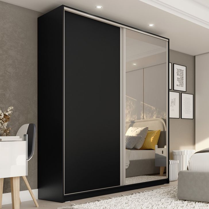 Guarda-roupa Casal Com 1 Espelho Belluno 2 Portas 3 Gavetas Preto
