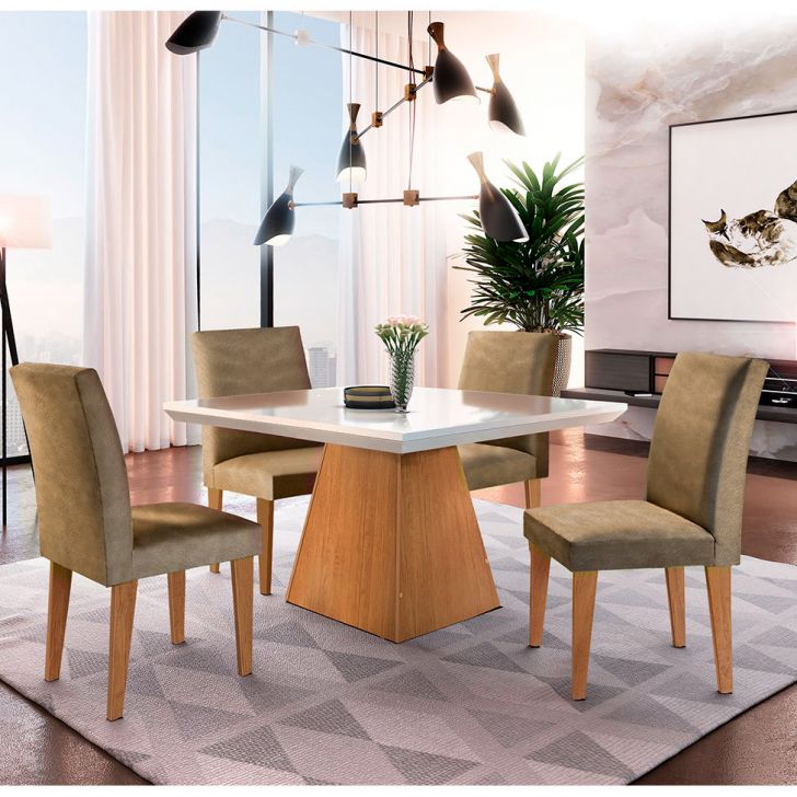 Conjunto De Mesa De Jantar Luna Com 4 Cadeiras Estofadas Grécia Suede Off White E Imbuia