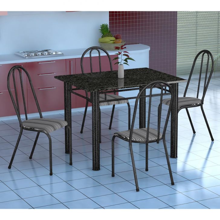 Conjunto De Mesa Genova Com 4 Cadeiras Alicante Preto Prata E Preto Listrado
