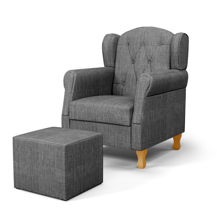Poltrona de Amamentação Pés Madeira e Puff Letícia Linho Cinza Escuro - Phoenix