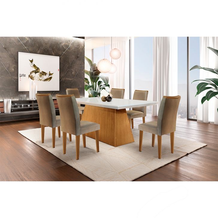 Conjunto De Mesa De Jantar Com Tampo Off White Luna E 6 Cadeiras Lunara Linho Bege E Imbuia