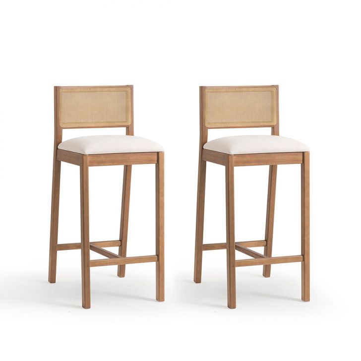 Conjunto com 2 Banquetas Serena com Tela Nogueira Algodão Bege Claro e Marrom