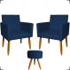 Kit 2 Poltronas Decorativas Reforçadas Para Sala Nina + Puff Redondo Suede Azul Marinho Pé Castanho - Clique E Decore