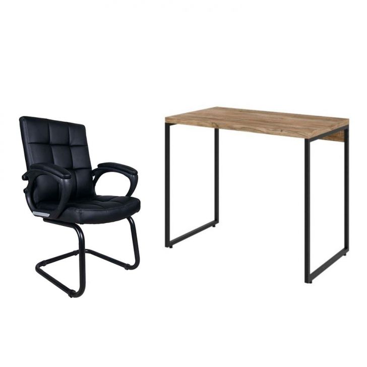 Conjunto de Mesa Studio Carvalho com Cadeira de Escritório Interlocutor Fixa Charles Preta