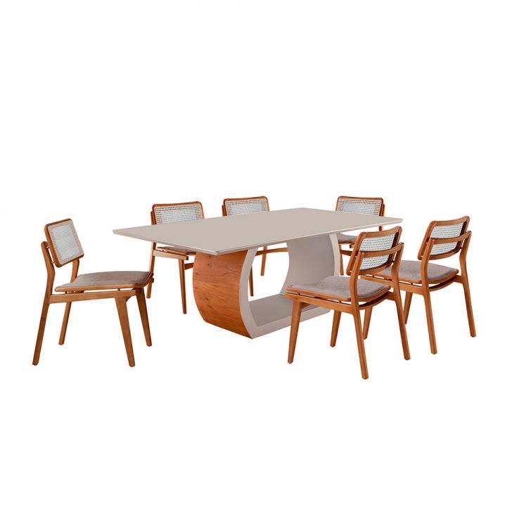 Mesa De Jantar Retangular Zeus Com Tampo Vidro E 6 Cadeiras Lea Premium Linho Bege E Imbuia Natural