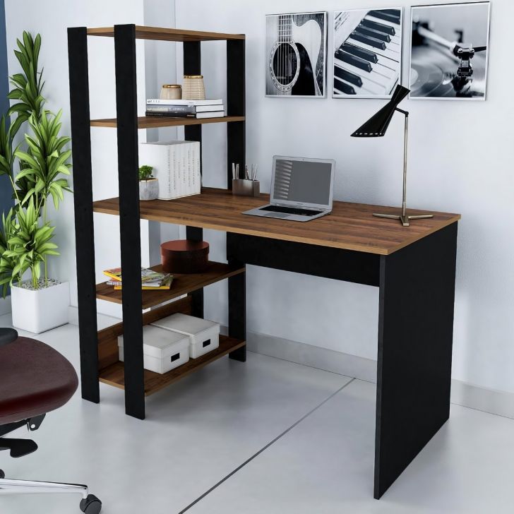 Mesa Escrivaninha Office Com Estante 3 Prateleiras Match Pinho / Preto