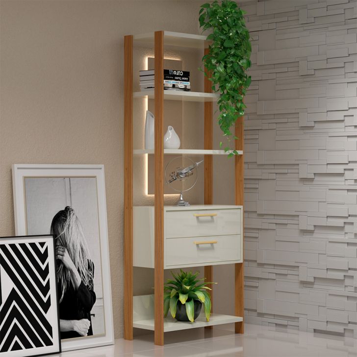 Estante Helen 100% MDF 2 Gavetas Off White e Freijó