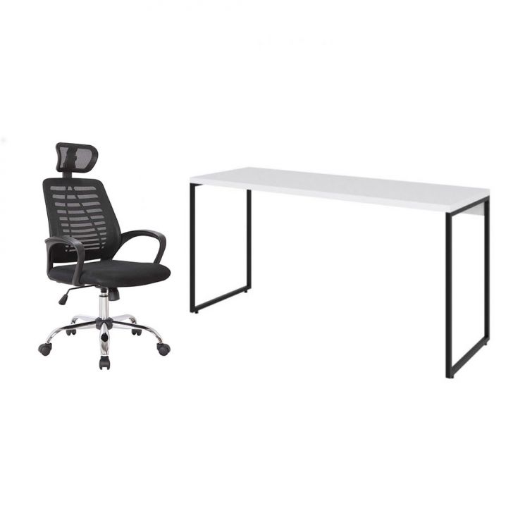 Conjunto de Mesa Studio Branca 150 cm com Cadeira de Escritório Diretor Giratória Light Preta