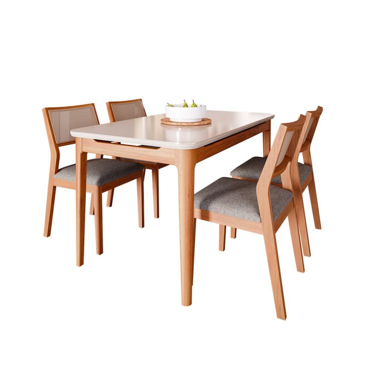 Conjunto De Mesa Retangular Com Tampo De Vidro Off White Baobá E 4 Cadeiras Oiti Linho Grafite E Madeira 130 Cm