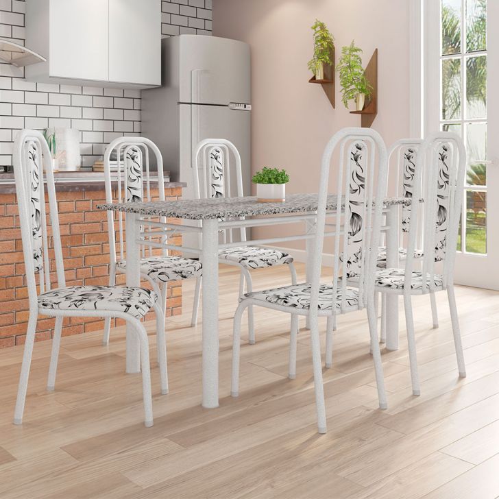 Conjunto De Mesa Com 6 Cadeiras Granada Prata E Branco Floral Gr