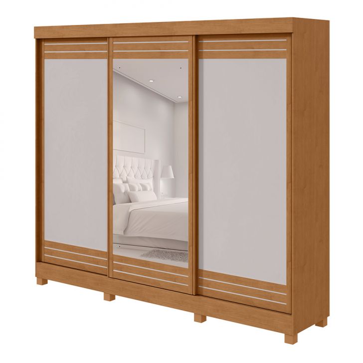 Guarda-roupa Casal Com Espelho E Pés Nice 3 Portas 4 Gavetas Amêndoa Clean E Off White