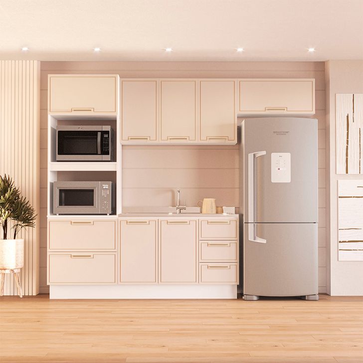 Image of Cozinha Compacta Sem Tampo Com Rodapé Amara 8 Portas 4 Gavetas Creme E Branca PLA-MO895CL63PTKMOB