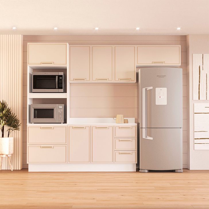 Image of Cozinha Completa Com Tampo E Rodapé Amara 8 Portas 4 Gavetas Creme E Branca PLA-MO895CL63PXGMOB