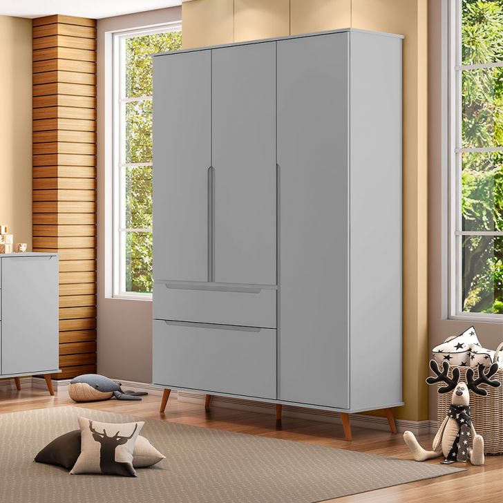 Guarda-Roupa Infantil Melinda 3 Portas 2 Gavetas Cinza