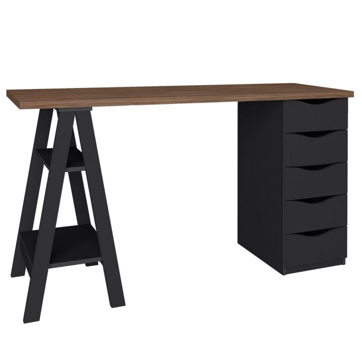 Mesa Para Escritório Escrivaninha Home Office 05 Gavetas Spirit Nogal A02 Preto - Lyam Decor