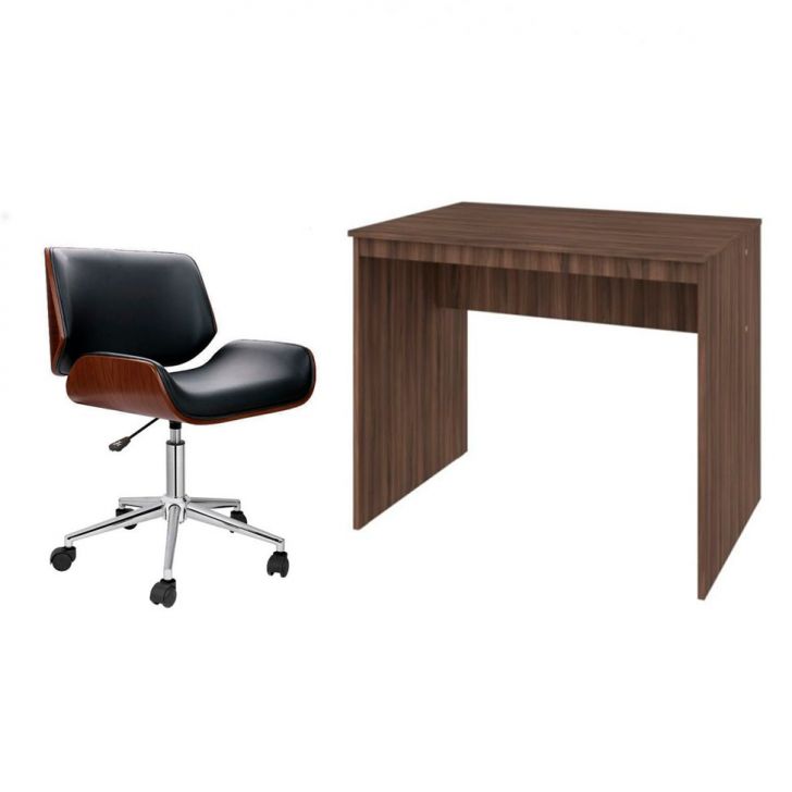 Conjunto de Mesa Office Nogal com Cadeira de Escritório Diretor Giratória Lauren Preta