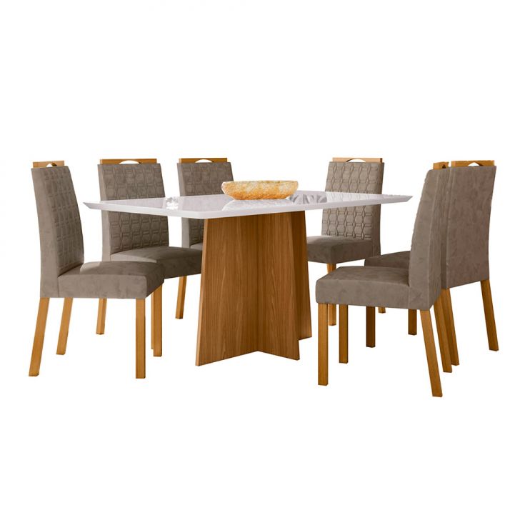 Conjunto de Mesa Retangular com Tampo de Vidro Off White Anitta e 6 Cadeiras Mariana Poliéster Marrom e Ypê