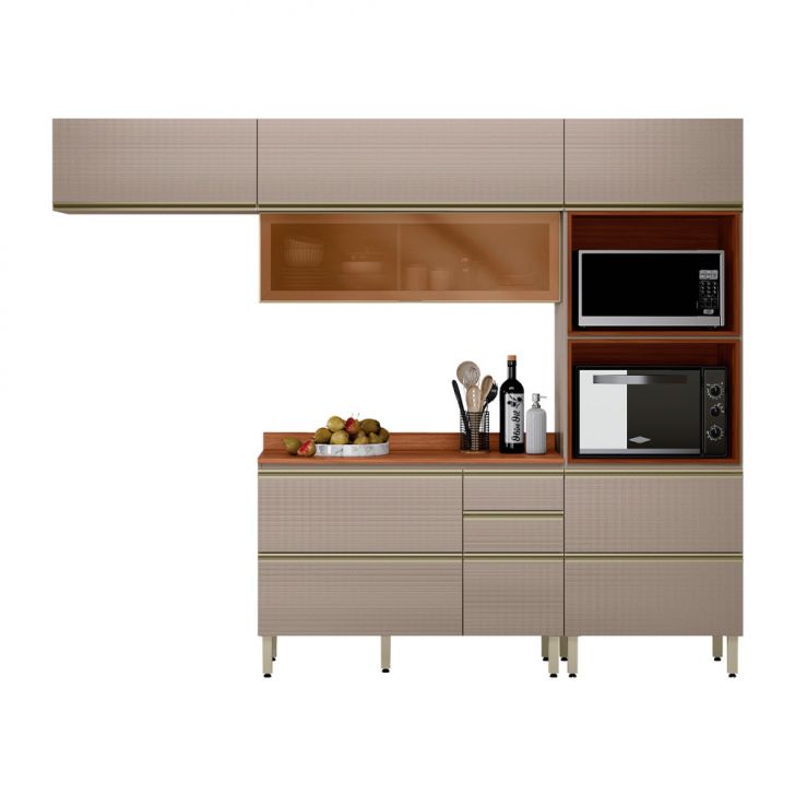 Armário de Cozinha Compacta com Vidro Reflecta Proença 6 Portas 5 Gavetas Nude e Nogueira