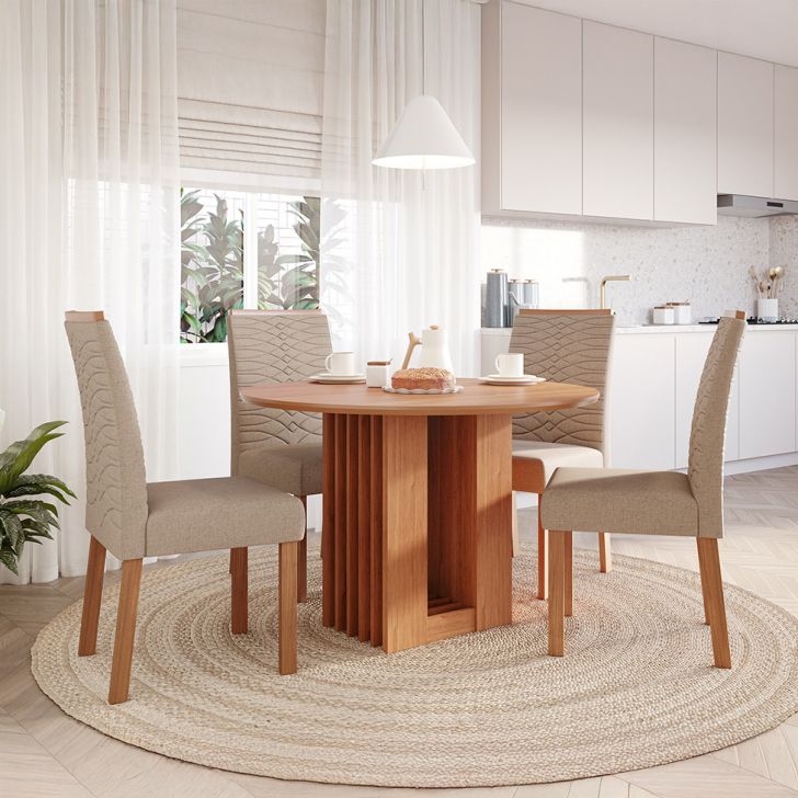 Conjunto De Mesa Redonda Com Tampo De Mdf Cinamomo Ariela E 4 Cadeiras Clarice Linho Bege E Madeira