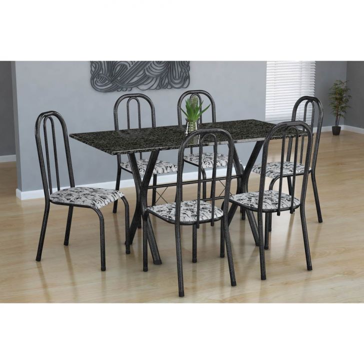 Conjunto De Mesa Miame Com 6 Cadeiras Madri Preto Prata E Branco Floral
