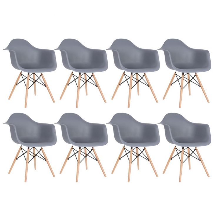 Kit 8 cadeiras Charles Eames Eiffel DAW com braços e pés de madeira clara Cinza escuro