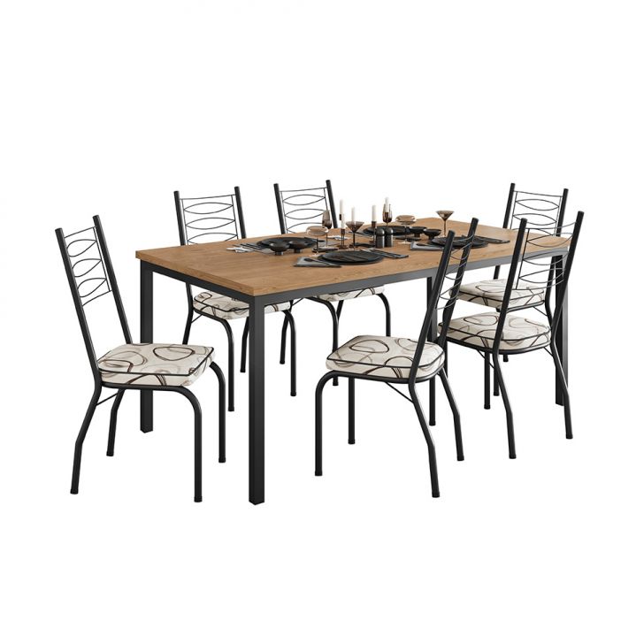 Conjunto De Mesa Retangular Com Tampo De Mdp Amadeirado E 6 Cadeiras Adriana I Revestimento Sintético Cedro E Preto