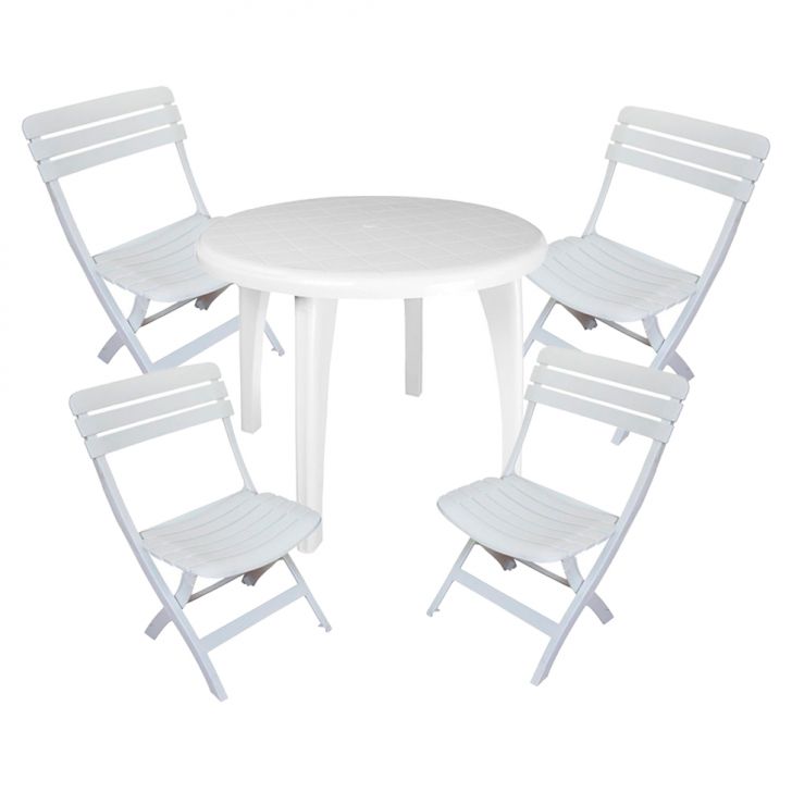 Conjunto de Mesa de Plástico Redonda Desmontável Telma com 4 Cadeiras Dobrável Diamantina Branco
