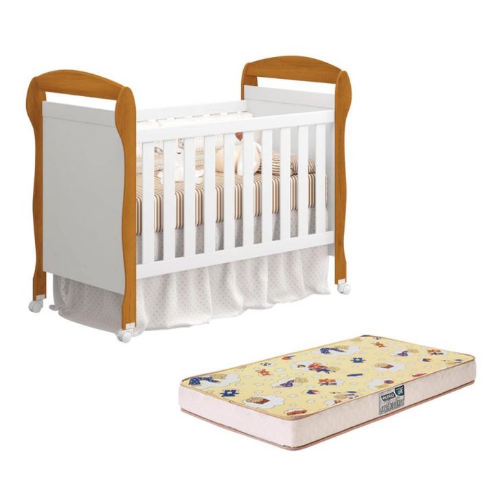 Berço Mini Cama Danny Branco/Savana com Colchão D18 de 10cm - Reller Móveis