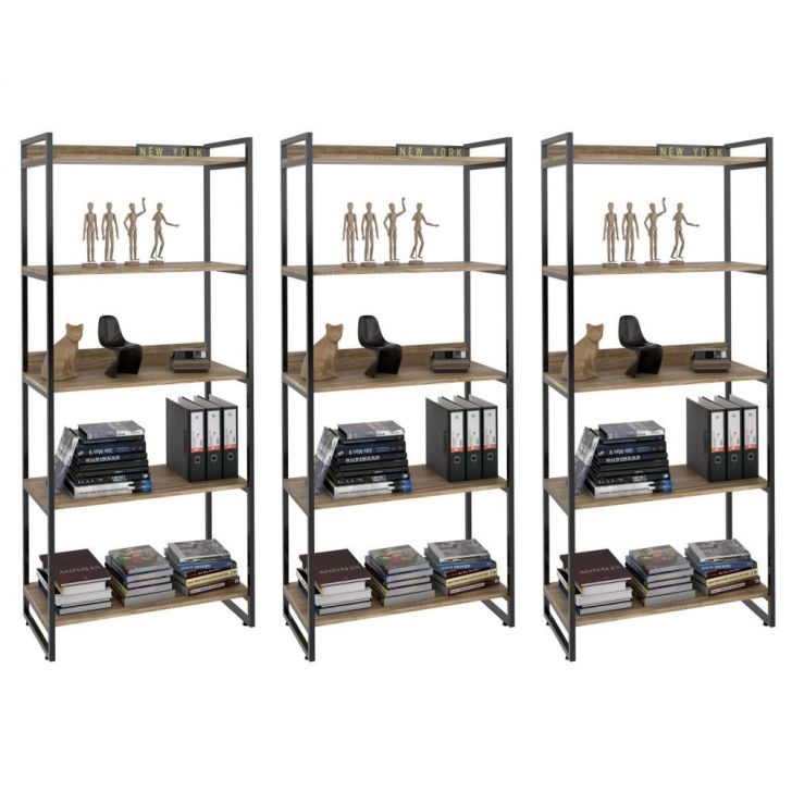 Kit 3 Estantes Livreiro Multiuso Prisma Estilo Industrial 80cm 5 Prateleiras C08 Carvalho - Mpozenato