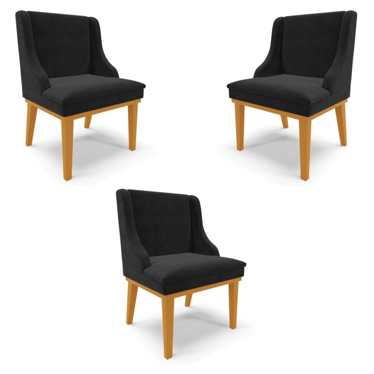 Kit 3 Cadeiras Decorativas Sala de Jantar Base Fixa de Madeira Firenze Suede Preto/Castanho G19 - Gran Belo
