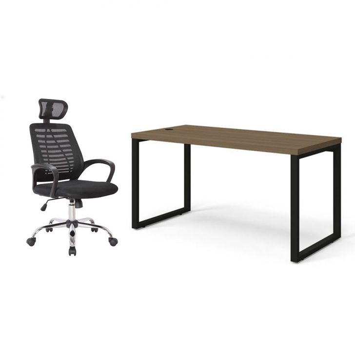 Conjunto de Mesa Munique Carvalho 150 cm com Cadeira de Escritório Diretor Giratória Light Preta