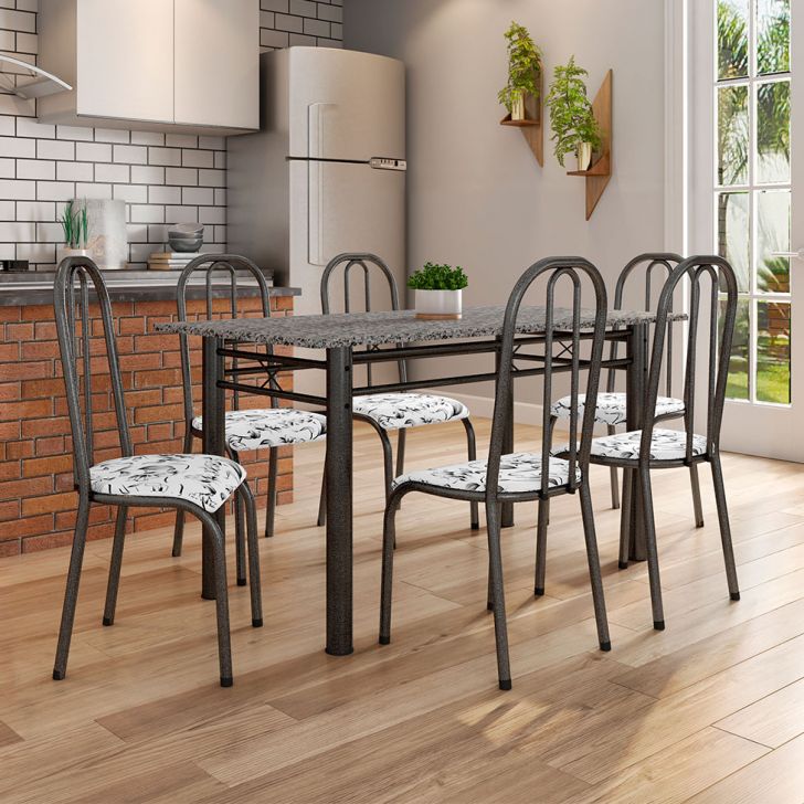 Conjunto De Mesa Granada Com 6 Cadeiras Madri Preto E Branco Floral Gr