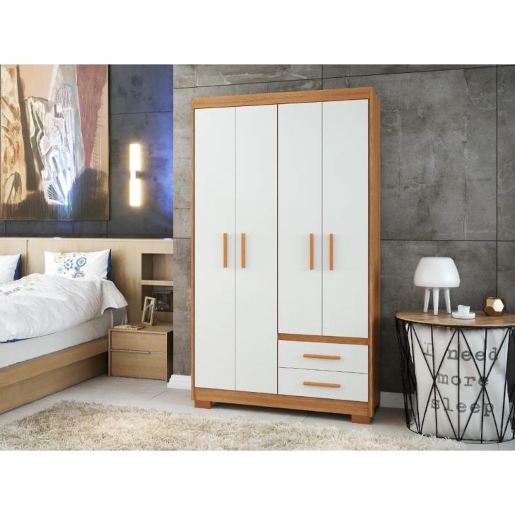 Guarda-roupa Solteiro Primacy 4 Portas 2 Gavetas Freijó Wood E Off White