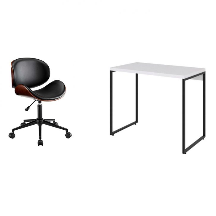 Conjunto de Mesa Studio Branca e Preta com Cadeira de Escritório Diretor Giratória Bergen Preta