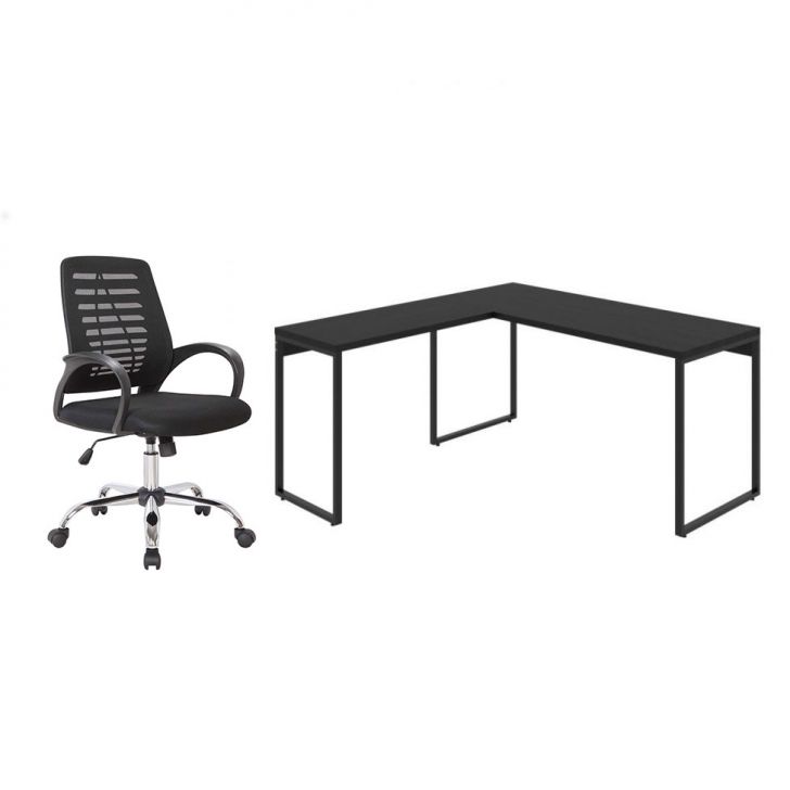 Conjunto de Mesa Kuadra II 150 cm com Cadeira de Escritório Secretária Giratória Light Preta
