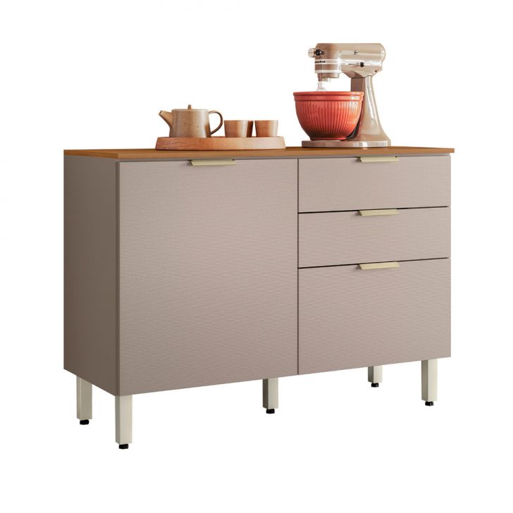 Balcão de Cozinha Alba com Tampo 2 Portas 2 Gavetas Amêndola e Nude