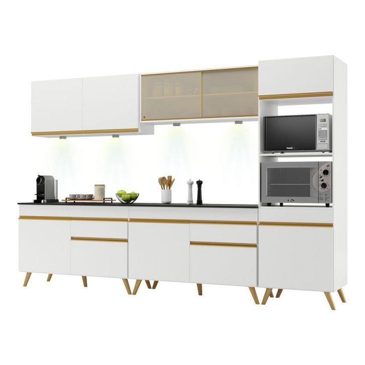 Armário de Cozinha Compacta 302cm com Leds Veneza Up Multimóveis V2014 Branco/Dourado