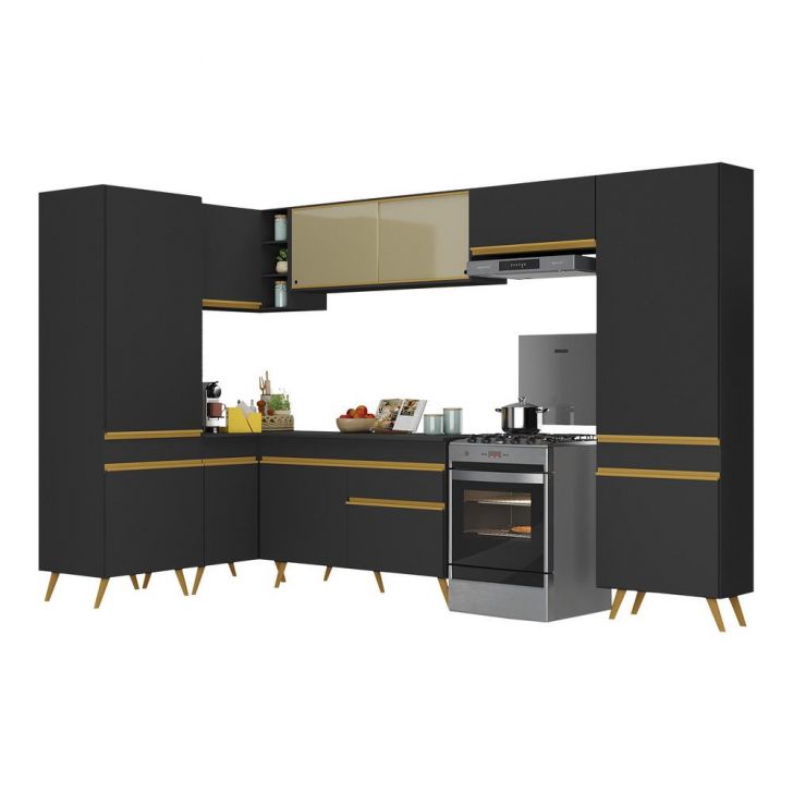 Armário de Cozinha Completa de Canto Veneza Multimóveis V2055  Preto/Dourado