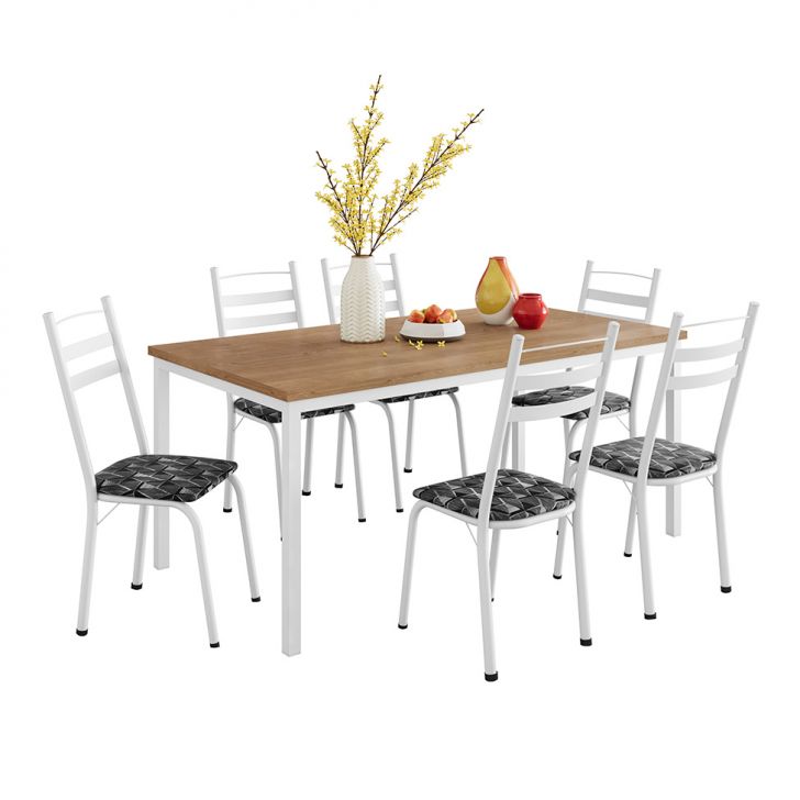 Conjunto De Mesa Retangular Com Tampo De Mdp Amadeirado E 6 Cadeiras Adriana Iii Revestimento Sintético Silver E Branco