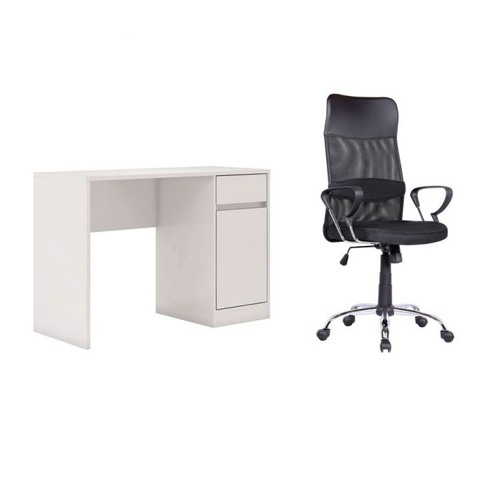 Conjunto de Mesa Morada 1 PT 1 GV Branca com Cadeira de Escritório Diretor Giratória Vancouver II com Braços Preta