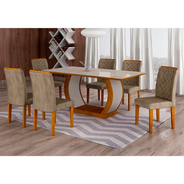 Conjunto De Mesa De Jantar Com Vidro E 6 Cadeiras Maia I Suede Animalle Imbuia E Chocolate