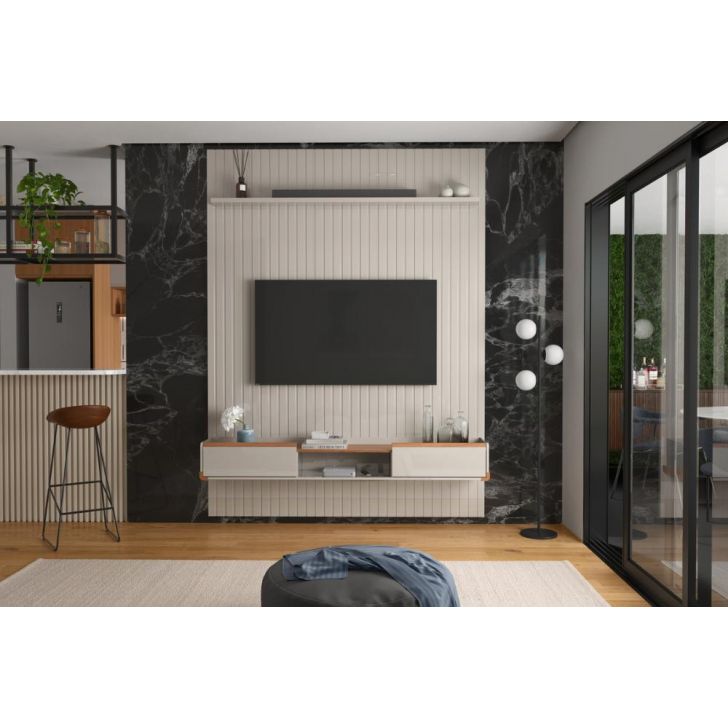Conj. Painel Oslo Frisado C/ Prateleira - Off White + Bancada Atlas 1.9 2 Gaveteiros - Off White/Jequitiba