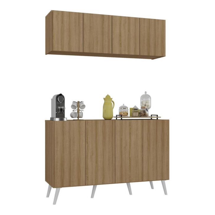 Conjunto Cantinho do Café Retrô Armário e Aparador 4 portas Multimóveis MP1084 Rustic/Branco