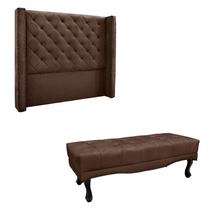 Conjunto de Cabeceira King com Recamier Vicenza Veludo Marrom